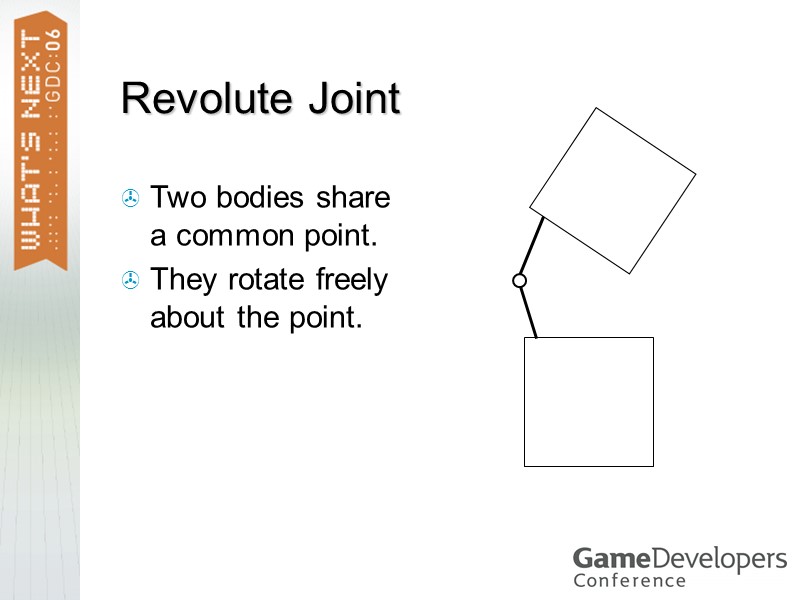 Revolute Joint Two bodies share a common point. They rotate freely about the point.